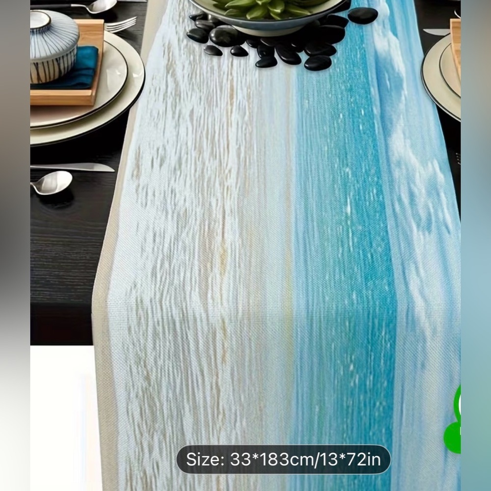 Set of 3 Linen like Coastal Blue Table Runner - Beach Wave Design